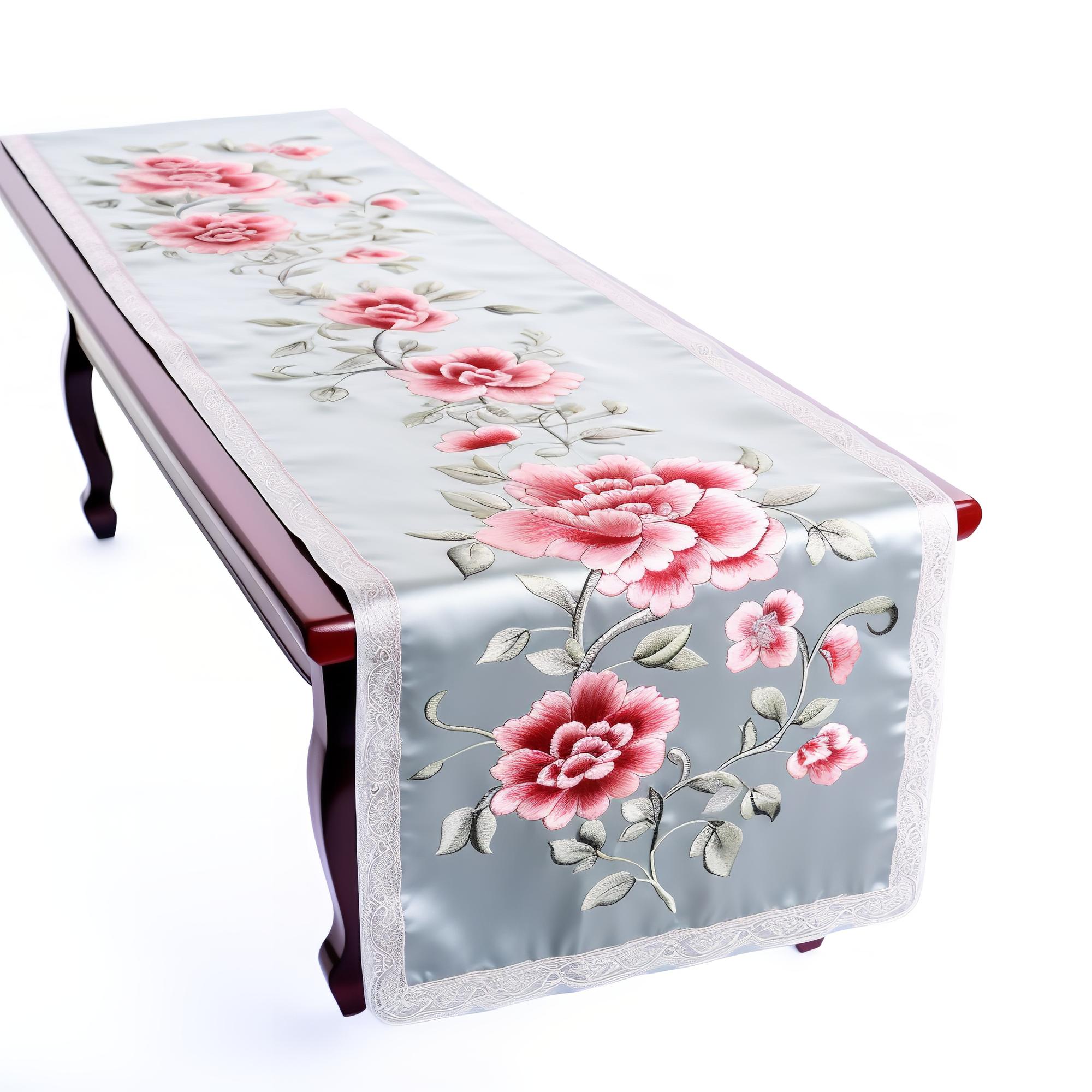 embroidered linen table runner with floral motif